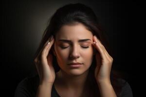 ledsen kvinna med huvudvärk foto