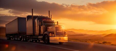 lastbil på solnedgång rider på de motorväg baner foto