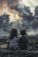 barn Sammanträde i främre av en förstörd förstörd stad foto
