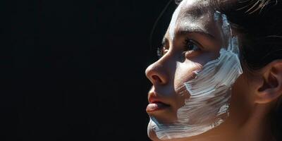 ung kvinna med kosmetisk grädde på henne ansikte hud vård foto