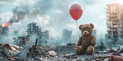 teddy Björn mot av en förstörd stad foto