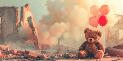 teddy Björn mot av en förstörd stad foto