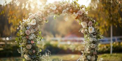 blommig bröllop båge i natur foto