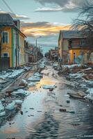 förstörd stad efter jordbävning foto
