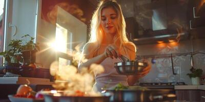 kvinna matlagning i köket foto