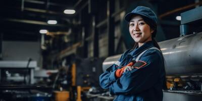 kvinna bil mekaniker i verkstad, porträtt foto