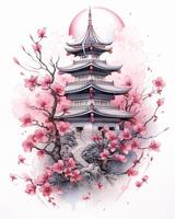 japansk pagod torn med körsbär ritningar foto