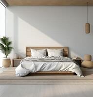modern minimalistisk sovrum design med neutral toner och naturlig ljus foto