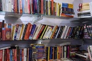 ny delhi, Indien, februari 17 2024 - mängd av böcker på hylla inuti en bokstånd på delhi internationell bok rättvis, urval av böcker på visa i årlig bok rättvis på Bharat mandapam komplex foto