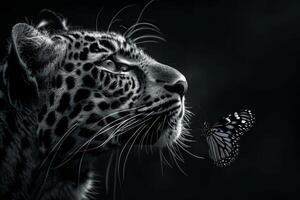 porträtt av jaguar i svart och vit med fjäril. bevarande och vilda djur och växter begrepp. foto
