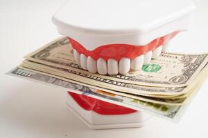 behandling dental vård kosta, dental bekostnad eller avgift, oss dollar sedel pengar med tänder modell. foto