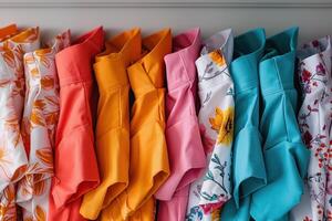 en rad av shirts i annorlunda färger, Inklusive rosa, gul, och blå foto