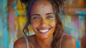 glad ung kvinna med vibrerande holi färger på henne ansikte, utsöndrar lycka och lekfullhet mot en färgrik bakgrund. foto