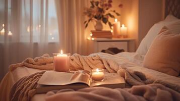 en mjukt belyst sovrum med ljus, ett öppen bok, plysch filtar, och en lugnande Färg palett skapande en lugn reträtt. foto