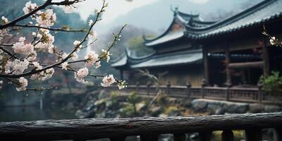 gammal asiatisk japansk kinesisk gammal årgång retro stad stad byggnad tempel med natur träd blommor foto