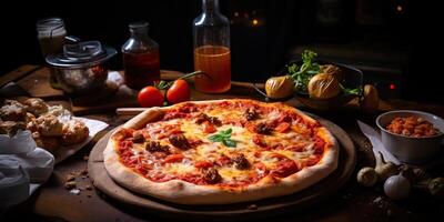 färsk bakad gott pizza med kött och grönsaker och örter på middag tabell. måltid mat restaurang bakgrund scen foto