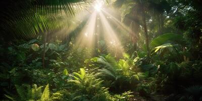 tropisk regn djungel djup skog med beab stråle ljus lysande. natur utomhus- äventyr atmosfär scen bakgrund se foto