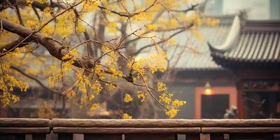 gammal asiatisk japansk kinesisk gammal årgång retro stad stad byggnad tempel med natur träd blommor foto