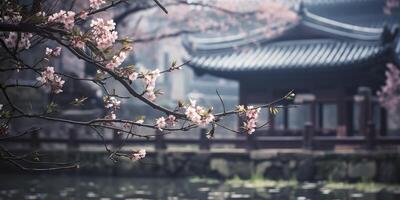 gammal asiatisk japansk kinesisk gammal årgång retro stad stad byggnad tempel med natur träd blommor foto