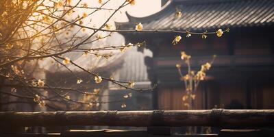 gammal asiatisk japansk kinesisk gammal årgång retro stad stad byggnad tempel med natur träd blommor foto