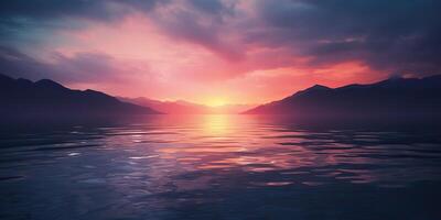 natur utomhus- solnedgång över sjö hav med bergen kullar landskap bakgrund, rosa fläck ut av fokus se foto