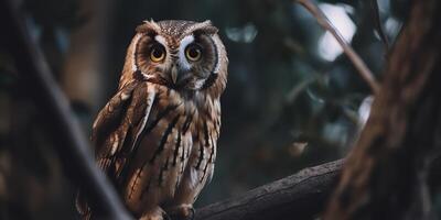 Uggla fågel Sammanträde på en banch träd. wil liv natur utomhus- skog bakgrund landskap scen foto