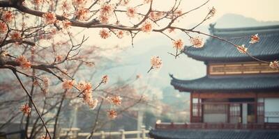 gammal asiatisk japansk kinesisk gammal årgång retro stad stad byggnad tempel med natur träd blommor foto