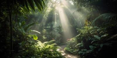 tropisk regn djungel djup skog med beab stråle ljus lysande. natur utomhus- äventyr atmosfär scen bakgrund se foto
