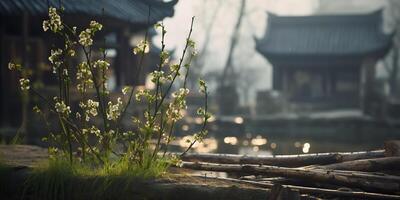 gammal asiatisk japansk kinesisk gammal årgång retro stad stad byggnad tempel med natur träd blommor foto