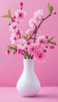 eleganta rosa körsbär blommar i vit vas på mjuk bakgrund med Plats för text placering foto