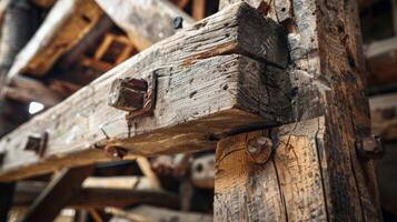 en team av experter använder sig av traditionell ods till reparera de invecklad trä- balkar av en historisk ladugård bevara dess strukturell integritet för generationer till komma foto