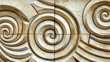 en keramisk lättnad panel terar en symmetrisk mönster av abstrakt former och kurvor bildas förbi försiktigt etsade rader och spår. foto
