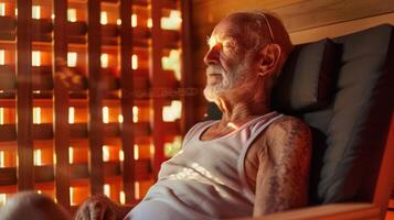 ett äldre man Sammanträde i ett infraröd bastu använder sig av hans tid inuti till reflektera och öva mindfulness känd till ha en positiv påverkan på övergripande hälsa och friskvård. foto