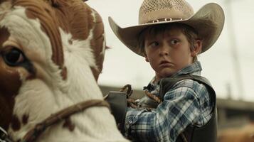 en ung rodeo ryttare innehav till en mekanisk tjur för Kära liv fullända deras Metod för de verklig sak foto