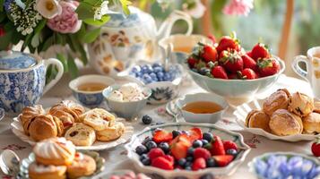 en tabell dekorerad med skålar av färsk frukt och plattor av scones och bakverk till njut av vid sidan av de olika ört- teer foto