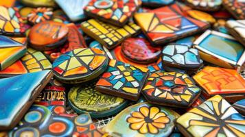 en mosaik- underlägg uppsättning terar färgrik keramisk plattor i olika former och storlekar skapande en mosaik- konst bit för några tabell. foto