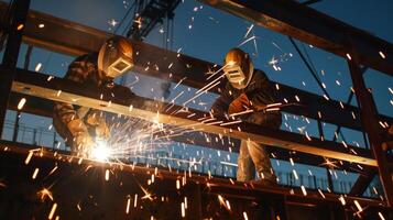 två arbetare svetsning metall bitar tillsammans gnistor flygande som de Ansluta sig de balkar för de bro foto
