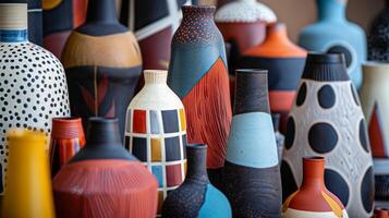 en uppsättning av dekorativ vaser med modern och abstrakt mönster terar geometrisk former och djärv Färg kombinationer. foto