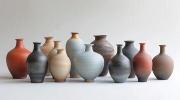 en samling av krukmakeri vaser med en polerad fälg visa upp de slät och skinande Avsluta uppnått förbi gnuggning de yta med en slät objekt. foto