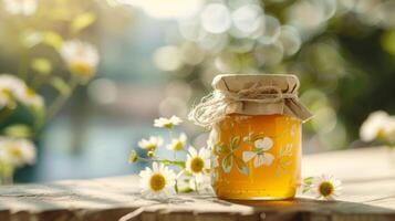 en burk av honung med en skön handmålad märka terar en delikat blommig design visa upp de konstnärlig och kreativ aspekt av hantverkare honungar foto