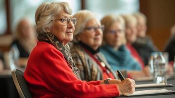 silverhårig seniors sitta på runda tabeller pennor i hand som de anteckna ner tips och råd från de kunnig högtalare på de främre av de rum foto