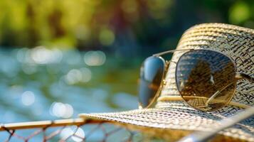 en par av solglasögon Sammanträde på topp av en designer fiske hatt skyddande de sportfiskare ögon från de ljus Sol och tillsats en Rör av stil till deras utrusta foto