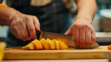 en studerande försiktigt skivning en mogen mango till använda sig av som en garnering för deras sushi rulla tillsats en ljuv och tropisk vrida till de maträtt foto