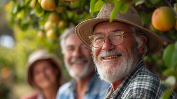en grupp av Lycklig pensionärer kyl- av i de skugga av en blomstrande frukt träd i deras hållbar bakgård foto