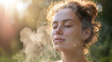 andas djupt och fokusera på mindfulness som de kropp börjar till svettas frisättande toxiner genom de porer. foto