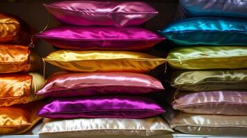 en stack av färgrik silke örngott visas på en hylla frestande du till Lägg till en Rör av lyx till din strö foto