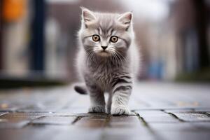 en ensam liten kattunge promenader längs en stad trottoar, utforska de grannskap. foto