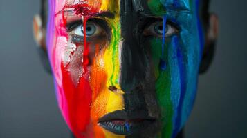 stänga upp porträtt av person med vibrerande regnbåge färgad måla droppande ner ansikte, symboliserar HBTQ stolthet och kreativ uttryck, perfekt för stolthet månad och konst begrepp foto
