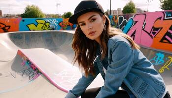 eleganta ung kvinna i denim med en svart keps Framställ på en graffiti täckt skatepark, frammanande ungdom kultur och internationell ungdom dag vibrafon foto