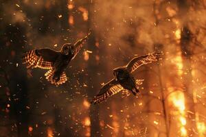 ugglor i en rök fylld natt himmel, flygande låg och desorienterad förbi de intensiv skog brand foto